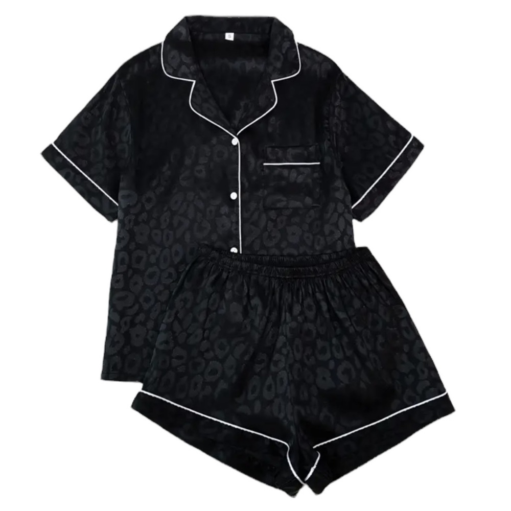 NEW CCB Black Satin Leopard-Print Pajama Set White Piping Button-Down + Shorts M